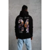Erkek 3 İplik Pamuklu Kapüşonlu Baskılı Cepli Oversize Sweatshirt Hoodie - Siyah