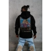 Erkek 3 İplik Pamuklu Kapüşonlu Baskılı Cepli Oversize Sweatshirt Hoodie - Siyah