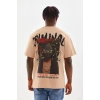 Erkek Baskılı T-Shirt Kısa Kol Bisiklet Yaka Rahat Kalıp Tişört  - Bej
