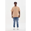 Erkek Baskılı T-Shirt Kısa Kol Bisiklet Yaka Rahat Kalıp Tişört - Bej