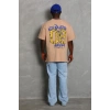 Erkek Baskılı Tişört Kısa Kol Bisiklet Yaka Oversize T-Shirt - Bej