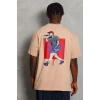 Erkek Baskılı Tişört Kısa Kol Bisiklet Yaka Oversize T-Shirt - Bej