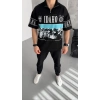 Erkek  Baskılı Yarım Fermuarlı  Kısa kol T-Shirt - Siyah