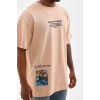 Erkek  Bisiklet Yaka Baskılı Oversize T-Shirt - Bej