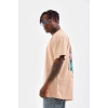 Erkek  Bisiklet Yaka Baskılı Oversize T-Shirt - Bej