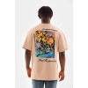 Erkek  Bisiklet Yaka Baskılı Oversize T-Shirt - Bej