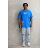 Erkek Bisiklet Yaka Baskılı Oversize T-Shirt - Mavi