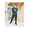 Erkek Bisiklet Yaka Tişört Nakış İşlemeli Kısa Kol Oversize T-Shirt - Yeşil