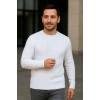 Erkek Bisiklet Yaka Triko Kazak Pamuklu Kalın Fitilli Dokuma Regular Fit - Beyaz