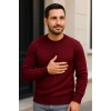 Erkek Bisiklet Yaka Triko Kazak Pamuklu Kalın Fitilli Dokuma Regular Fit - Bordo