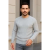 Erkek Bisiklet Yaka Triko Kazak Pamuklu Kalın Fitilli Dokuma Regular Fit - Gri