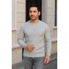 Erkek Bisiklet Yaka Triko Kazak Pamuklu Kalın Fitilli Dokuma Regular Fit - Gri