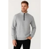 Erkek Dik Yaka Yarım Fermuarlı 3 İplik Pamuklu Sweatshirt - Gri