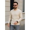 Erkek Fitilli Triko Kazak 2’li Set Bej Beyaz Kalın Dokuma Pamuklu Regular Fit Bisiklet