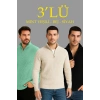 Erkek Fitilli Triko Kazak 3’lü Set Mint Yeşili Siyah Bej Kalın Dokuma Pamuklu Regular Fit