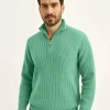 Erkek Fitilli Triko Kazak 3’lü Set Mint Yeşili Siyah Bej Kalın Dokuma Pamuklu Regular Fit