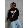 Erkek Güvercin Baskılı 3 iplik Bisiklet Yaka ipamuklu Sweatshirt - Siyah