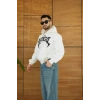 Erkek Kapüşonlu 3 İplik Şardonlu Önü Baskılı Fermuarlı Oversize Sweatshirt - Beyaz
