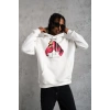 Erkek Kapüşonlu Cepli Boks Eldiven Baskılı 3 İplik Sweatshirt Hoodie - Beyaz