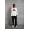 Erkek Kapüşonlu Cepli Boks Eldiven Baskılı 3 İplik Sweatshirt Hoodie - Beyaz
