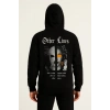 Erkek Kapüşonlu Kanguru Cepli Sweatshirt 3 İplik Pamuklu Baskılı Hoodie - Siyah