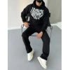 Erkek Kapüşonlu Kanguru Cepli Sweatshirt 3 İplik Pamuklu Baskılı Hoodie -  Siyah
