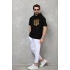 Erkek Kapüşonlu Kısa Kol Oversize Baskılı T-Shirt - Siyah