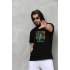 Erkek Kapüşonlu Kolsuz Oversize Baskılı Tişört - Siyah