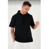 Erkek Kapüşonlu Tişört Kısa Kol Düz Oversize T-shirt - Siyah