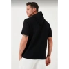 Erkek Kapüşonlu Tişört Kısa Kol Düz Oversize T-shirt - Siyah