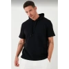 Erkek Kapüşonlu Tişört Kısa Kol Düz Oversize T-shirt - Siyah