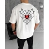 Erkek Kısa Kol Tişört Bisiklet Yaka ÖRÜMCEK Baskılı Oversize T-Shirt - Beyaz