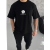 Erkek Kısa Kol Tişört Bisiklet Yaka YONCA Baskılı Oversize T-Shirt - Siyah