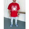 Erkek Örümcek Baskılı Tişört Kısa Kollu Bisiklet Yaka T-Shirt - Kırmızı