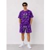 Erkek Oversize Kalıp Pubg Bape X Shark Nakışlı Cepli Şort Takım - Mor