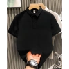 Erkek Polo Yaka Tişört Düğmeli Pike Düz T-Shirt - Siyah