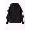Erkek Şeritli Kapüşonlu Sweatshirt Oversize 3 iplik Pamuklu Hoodei - Siyah