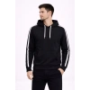 Erkek Şeritli Kapüşonlu Sweatshirt Oversize 3 iplik Pamuklu Hoodei - Siyah