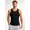 Erkek Spor Slimfit Fitilli Kaşkorse Arka Basklı Atlet 2li Set Siyah-Bej