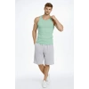Erkek Spor Slimfit Fitilli Kaşkorse Arka Basklı Atlet 2li Set Siyah-Mint Yeşili