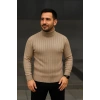 Erkek Tam Boğazlı Balıkçı Yaka Triko Kazak Kalın Fitilli - Bej
