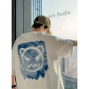 Erkek Tişört Bisiklet Yaka Kore sevimli ayı baskı Kısa Kol T-Shirt  - Beyaz
