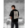 ERKEK Tişört Kısa Kol Ön ve Arka Baskılı Oversize Bisiklet Yaka T-shirt - Siyah