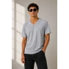 Erkek V Yaka Basic Tişört Kısa Kol Yazlık Regular Fit T-Shirt - Gri