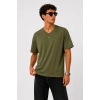 Erkek V Yaka Basic Tişört Kısa Kol Yazlık Regular Fit T-Shirt - Haki