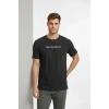 Erkek Wafıl Kumaş Tişört Regular Kalıp Bisiklet Yaka Baskılı T-Shirt - Siyah