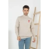 Erkek Yarım Bağazlı Kazak Baskılı Dokuma Triko - Bej
