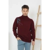 Erkek Yarım Bağazlı Kazak Baskılı Dokuma Triko - Bordo