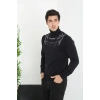 Erkek Yarım Bağazlı Kazak Baskılı Dokuma Triko - Siyah