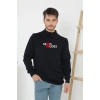 Erkek Yarım Bağazlı Kazak Baskılı Dokuma Triko - Siyah